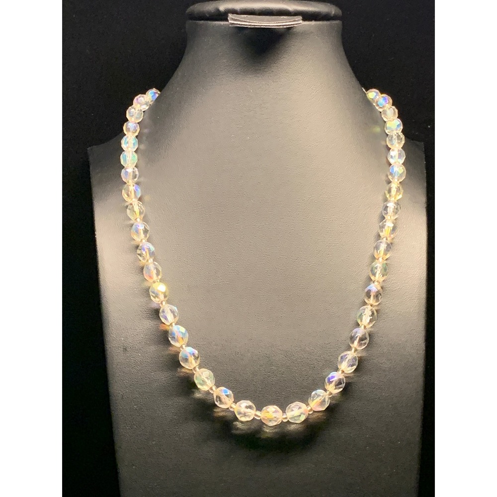 Vintage Aurora Borealis AB Iridescent Faceted Glass Bead Necklace 18 Inch Clear
